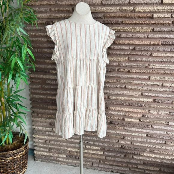 Papillon Linen Blend Striped Tiered Sleeveless Ruffle Edge Mini Dress Size Large - Picture 6 of 6